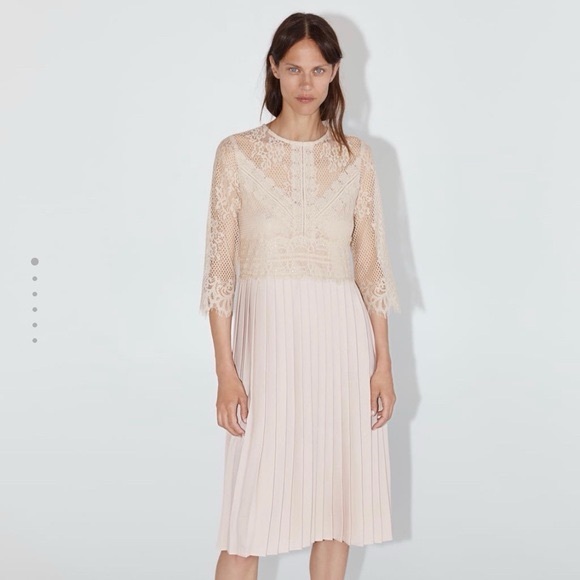Zara Womens Cream Blush Lace Overlay Pleated Midi Dress Special occasion S - Picture 1 of 13